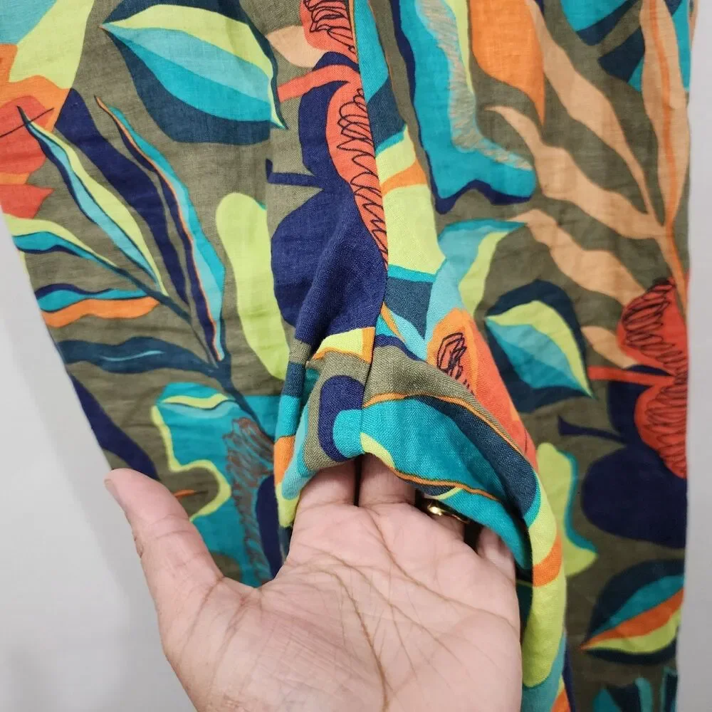 Soft Surroundings Aliso Point Tropical Linen Pants Hawaiian Green Wide Leg Sz L